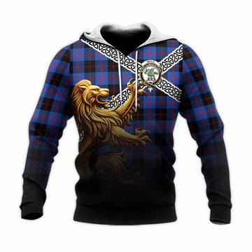 Maule Crest Tartan Knitted Hoodie with Golden Lion Emblem Celtic Style