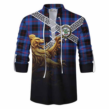 Maule Crest Tartan Ghillie Kilt Shirt with Golden Lion Emblem Celtic Style