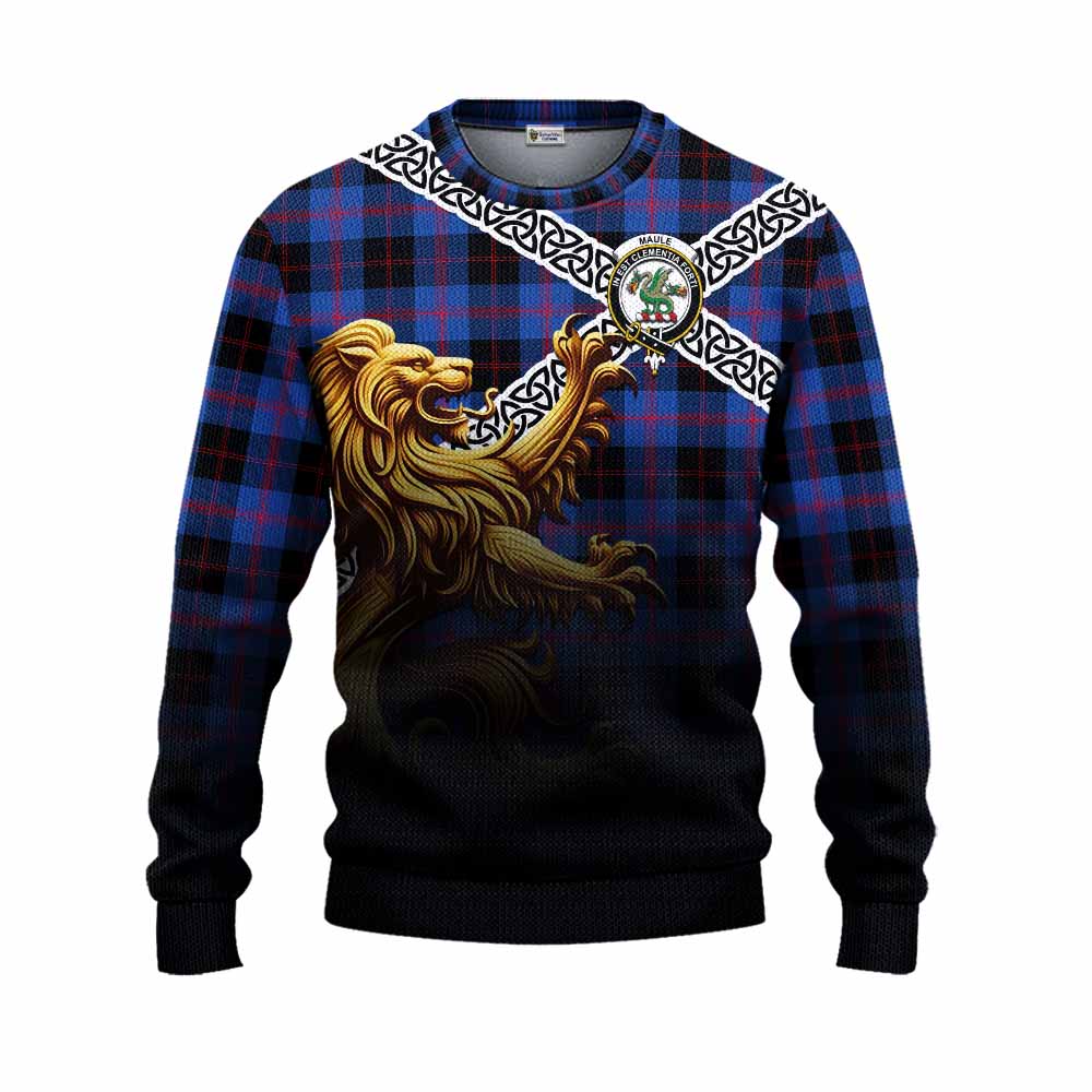 Tartan Vibes Clothing Maule Crest Tartan Knitted Sweater with Golden Lion Emblem Celtic Style