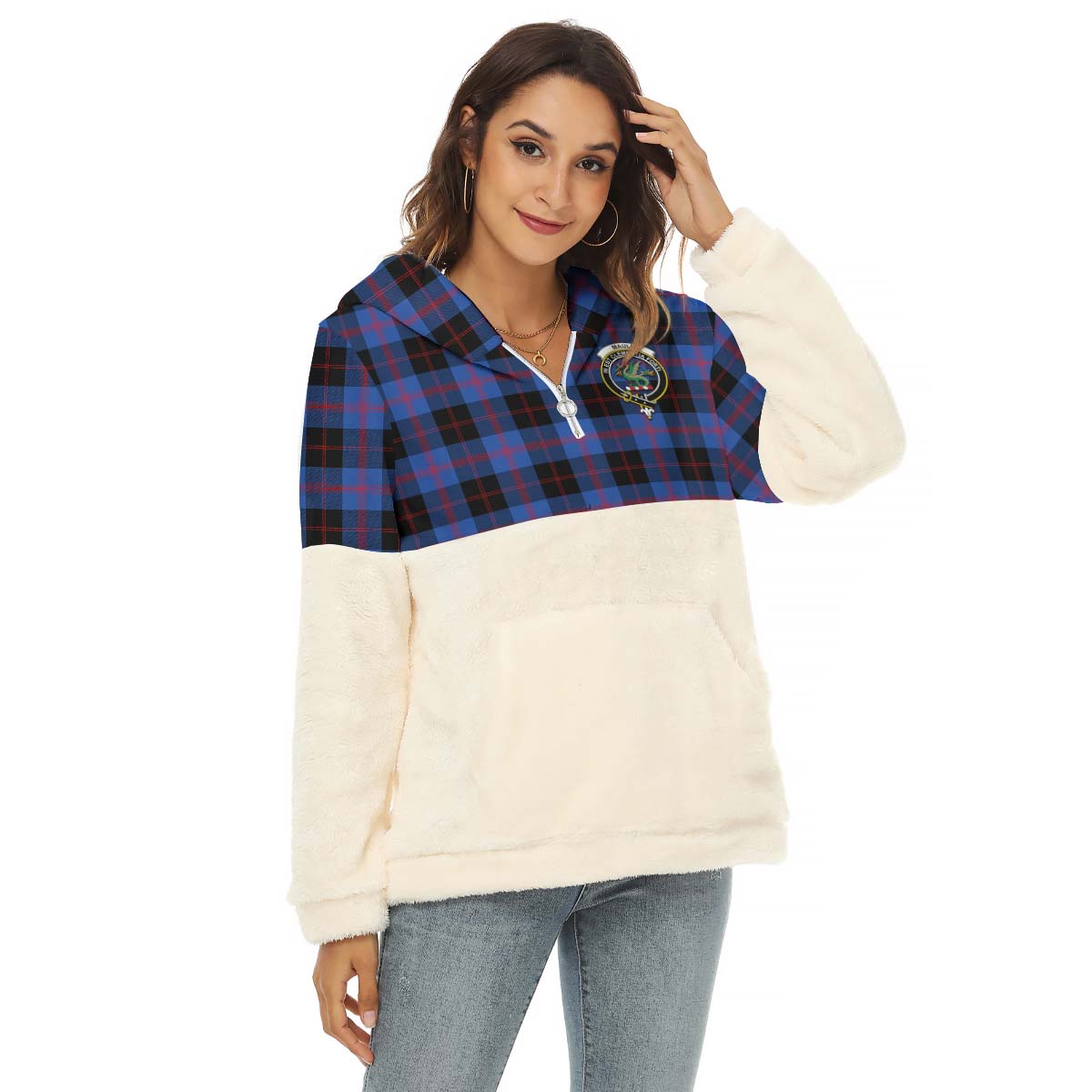 Maule Tartan Women's Borg Fleece Hoodie With Half Zip with Family Crest Female - Tartan Vibes Clothing