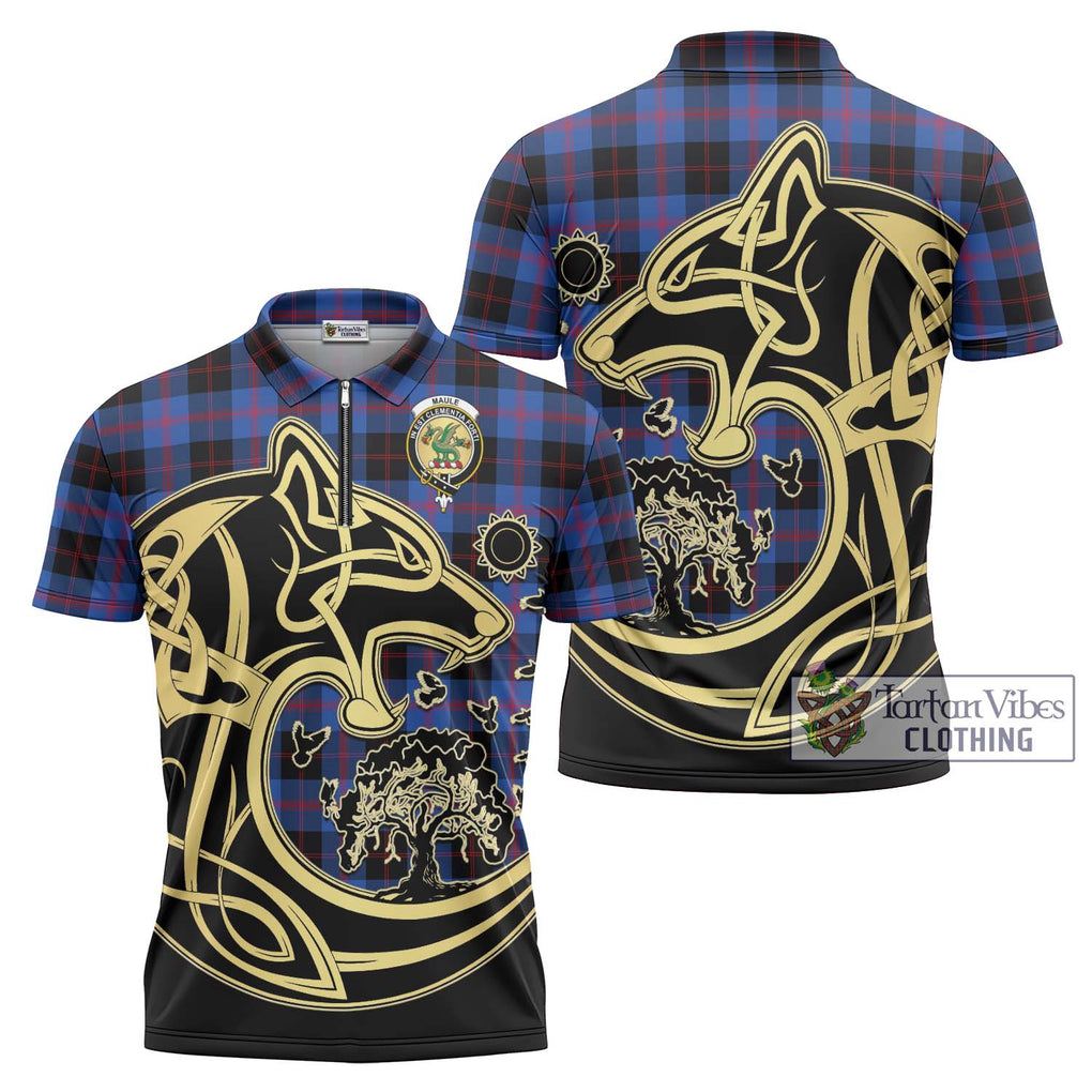 Maule Tartan Zipper Polo Shirt with Family Crest Celtic Wolf Style Unisex - Tartanvibesclothing Shop