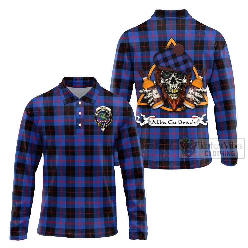 Tartan Vibes Clothing Maule Tartan Long Sleeve Polo Shirt with Family Crest and Bearded Skull Holding Bottles of Whiskey