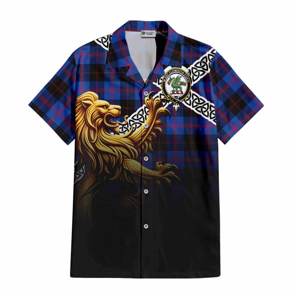 Tartan Vibes Clothing Maule Crest Tartan Short Sleeve Button Shirt with Golden Lion Emblem Celtic Style