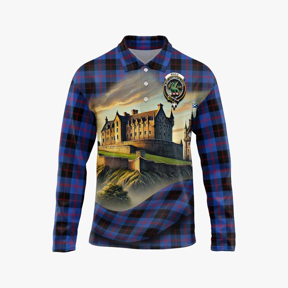 Tartan Vibes Clothing Maule Tartan Family Crest Long Sleeve Polo Shirt with Scottish Ancient Castle Style