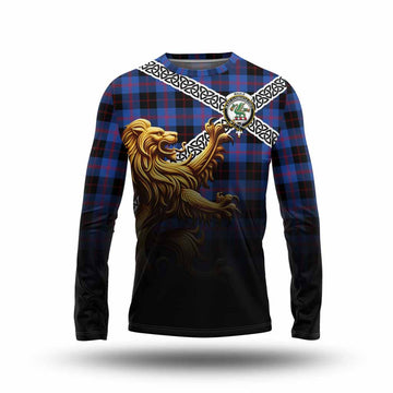Maule Crest Tartan Long Sleeve T-Shirt with Golden Lion Emblem Celtic Style