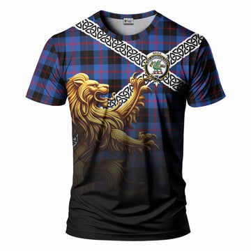 Maule Crest Tartan T-Shirt with Golden Lion Emblem Celtic Style