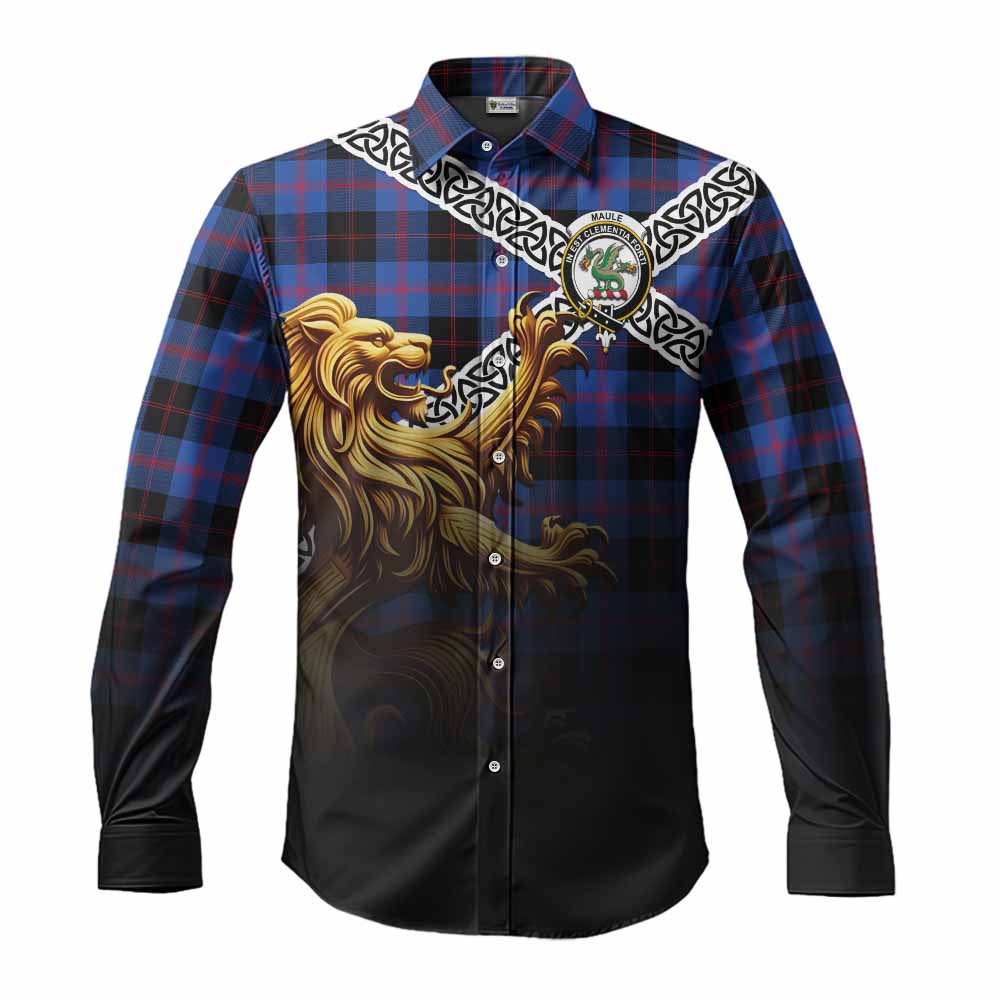 Tartan Vibes Clothing Maule Crest Tartan Long Sleeve Button Shirt with Golden Lion Emblem Celtic Style