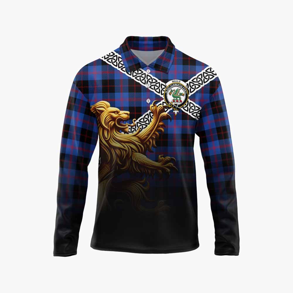 Tartan Vibes Clothing Maule Crest Tartan Long Sleeve Polo Shirt with Golden Lion Emblem Celtic Style