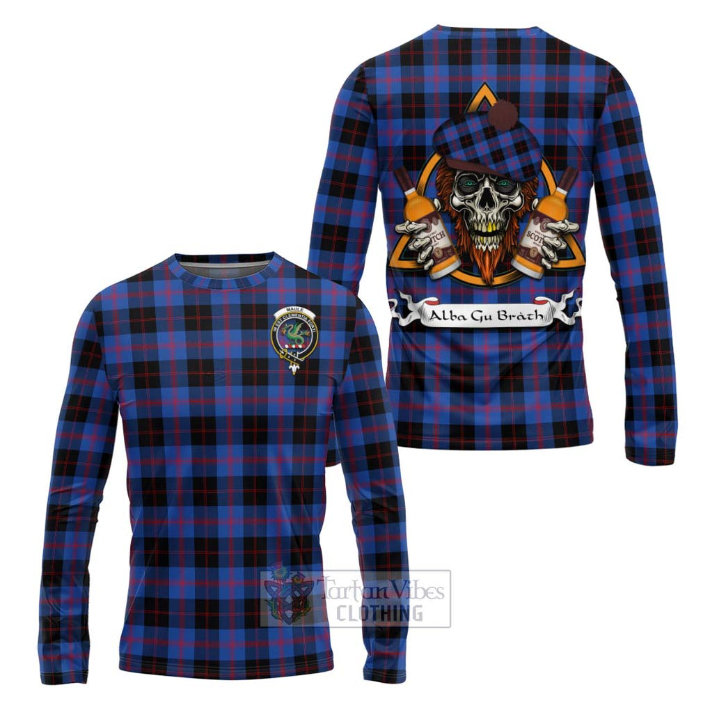 Tartan Vibes Clothing Maule Tartan Long Sleeve T-Shirt with Family Crest and Bearded Skull Holding Bottles of Whiskey
