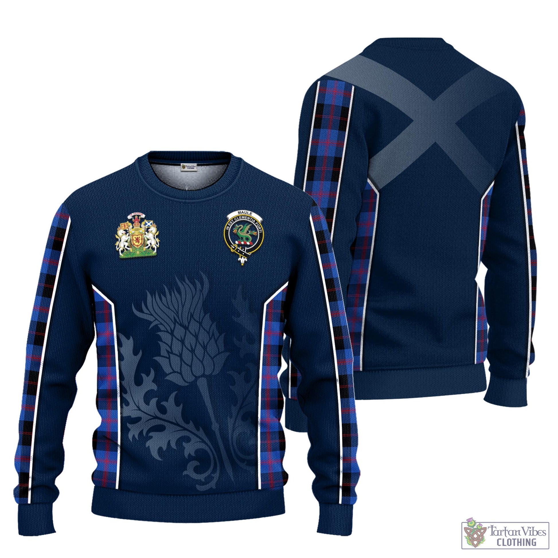 Tartan Vibes Clothing Maule Tartan Knitted Sweatshirt with Family Crest and Scottish Thistle Vibes Sport Style
