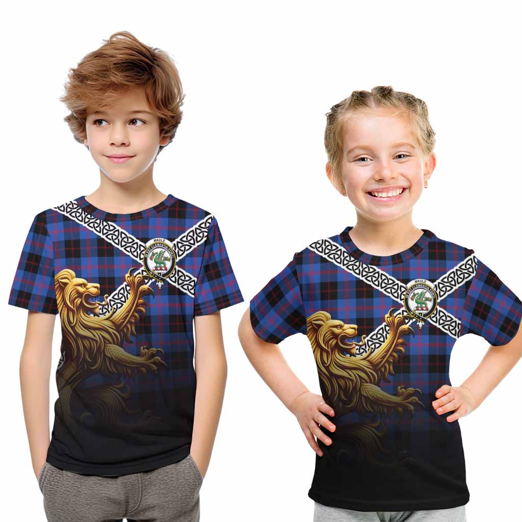Tartan Vibes Clothing Maule Crest Tartan Kid T-Shirt with Golden Lion Emblem Celtic Style
