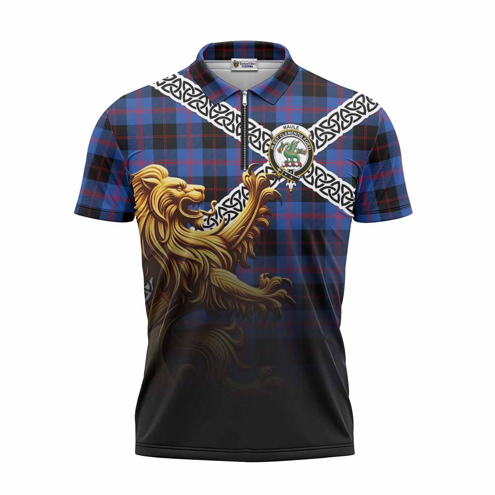 Tartan Vibes Clothing Maule Crest Tartan Zipper Polo Shirt with Golden Lion Emblem Celtic Style