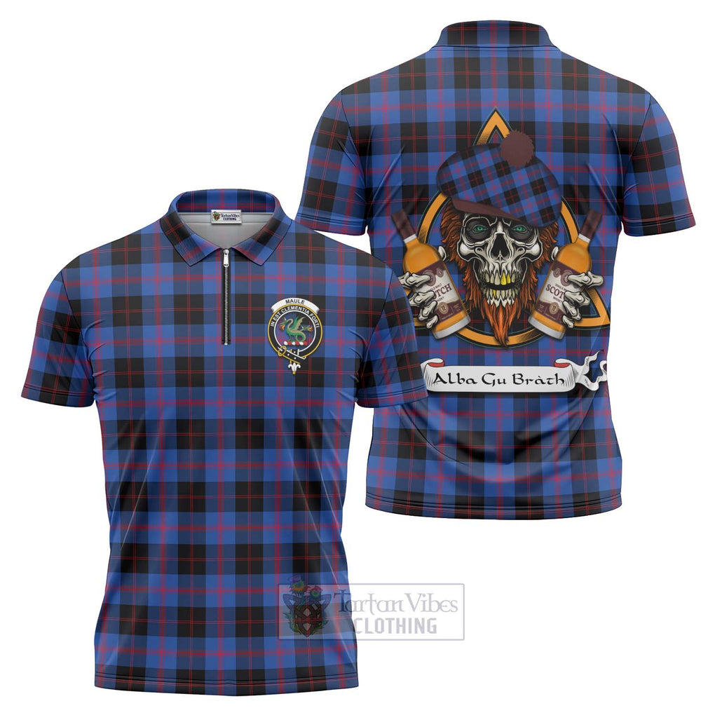 Tartan Vibes Clothing Maule Tartan Zipper Polo Shirt with Family Crest and Bearded Skull Holding Bottles of Whiskey