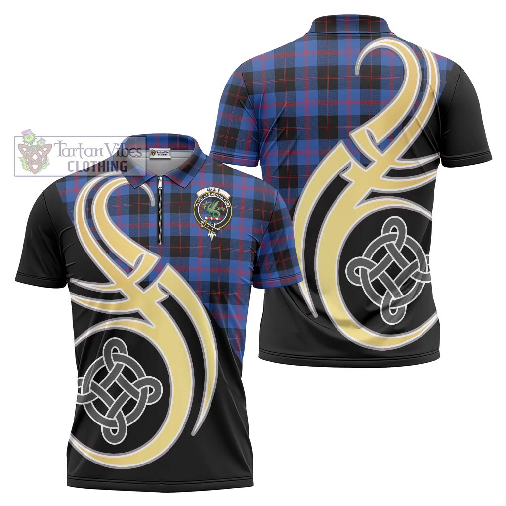 Tartan Vibes Clothing Maule Tartan Zipper Polo Shirt with Family Crest and Celtic Symbol Style