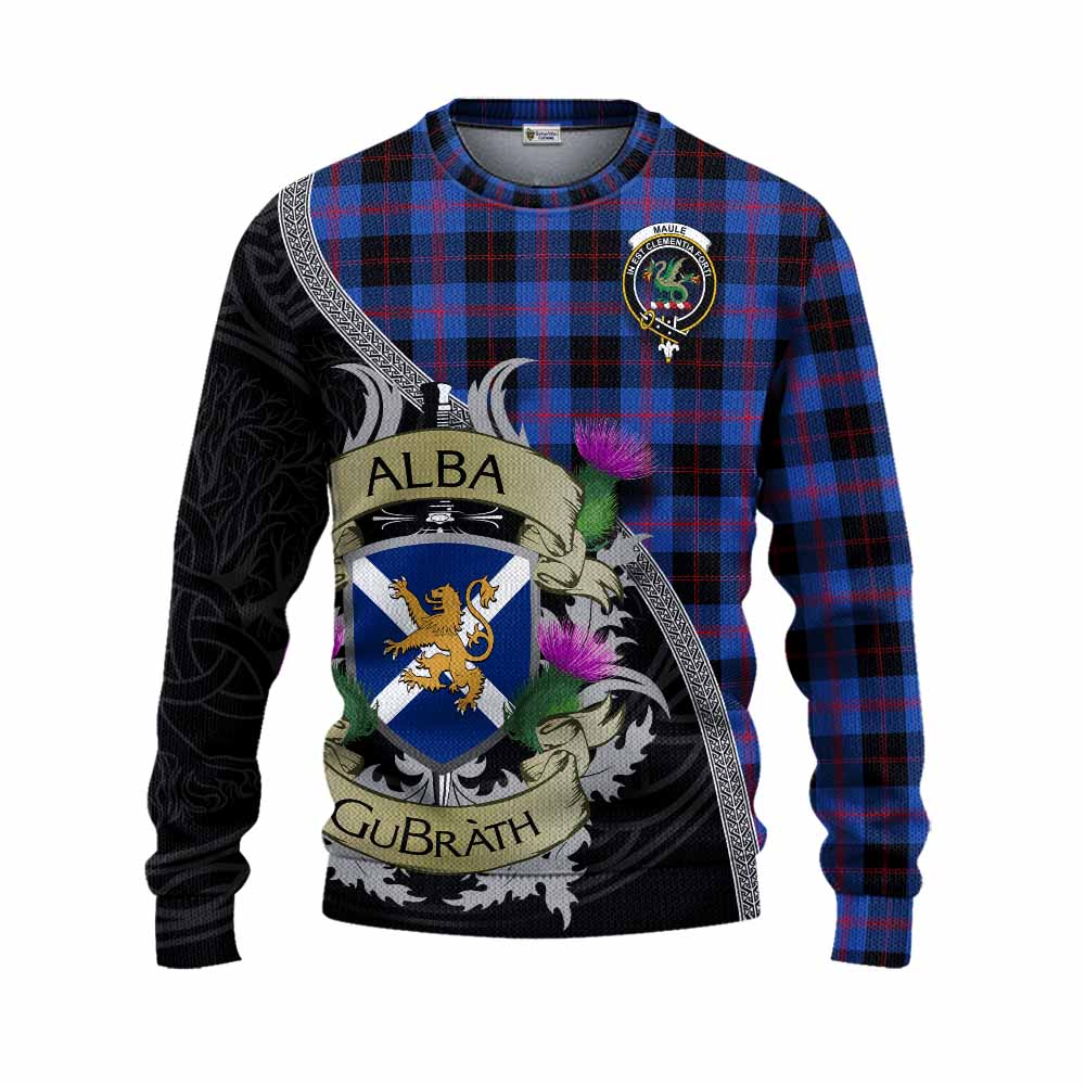 Tartan Vibes Clothing Maule Tartan Family Crest Knitted Sweater Lion Rampant Royal Thistle Shield Celtic Inspired
