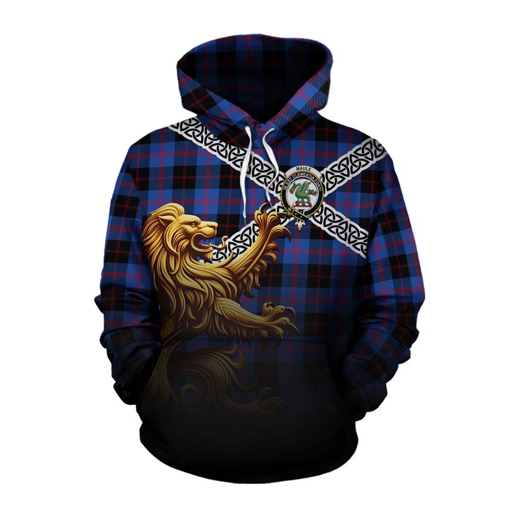 Tartan Vibes Clothing Maule Crest Tartan Cotton Hoodie with Golden Lion Emblem Celtic Style