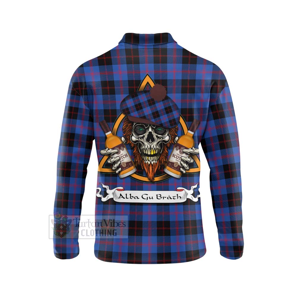 Tartan Vibes Clothing Maule Tartan Long Sleeve Polo Shirt with Family Crest and Bearded Skull Holding Bottles of Whiskey