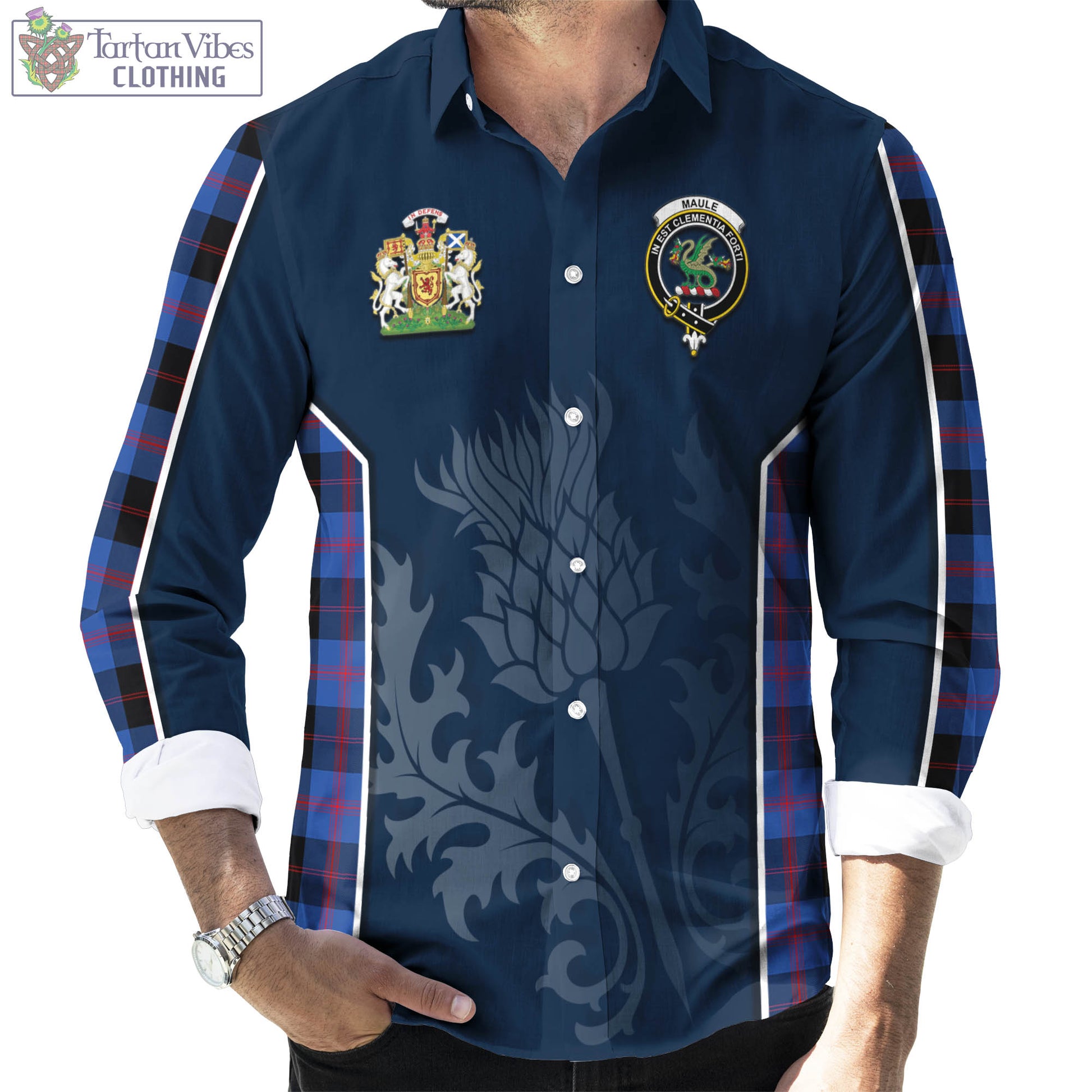 Tartan Vibes Clothing Maule Tartan Long Sleeve Button Up Shirt with Family Crest and Scottish Thistle Vibes Sport Style