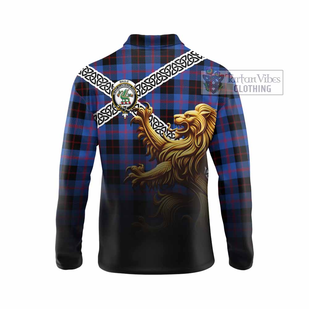 Tartan Vibes Clothing Maule Crest Tartan Long Sleeve Polo Shirt with Golden Lion Emblem Celtic Style