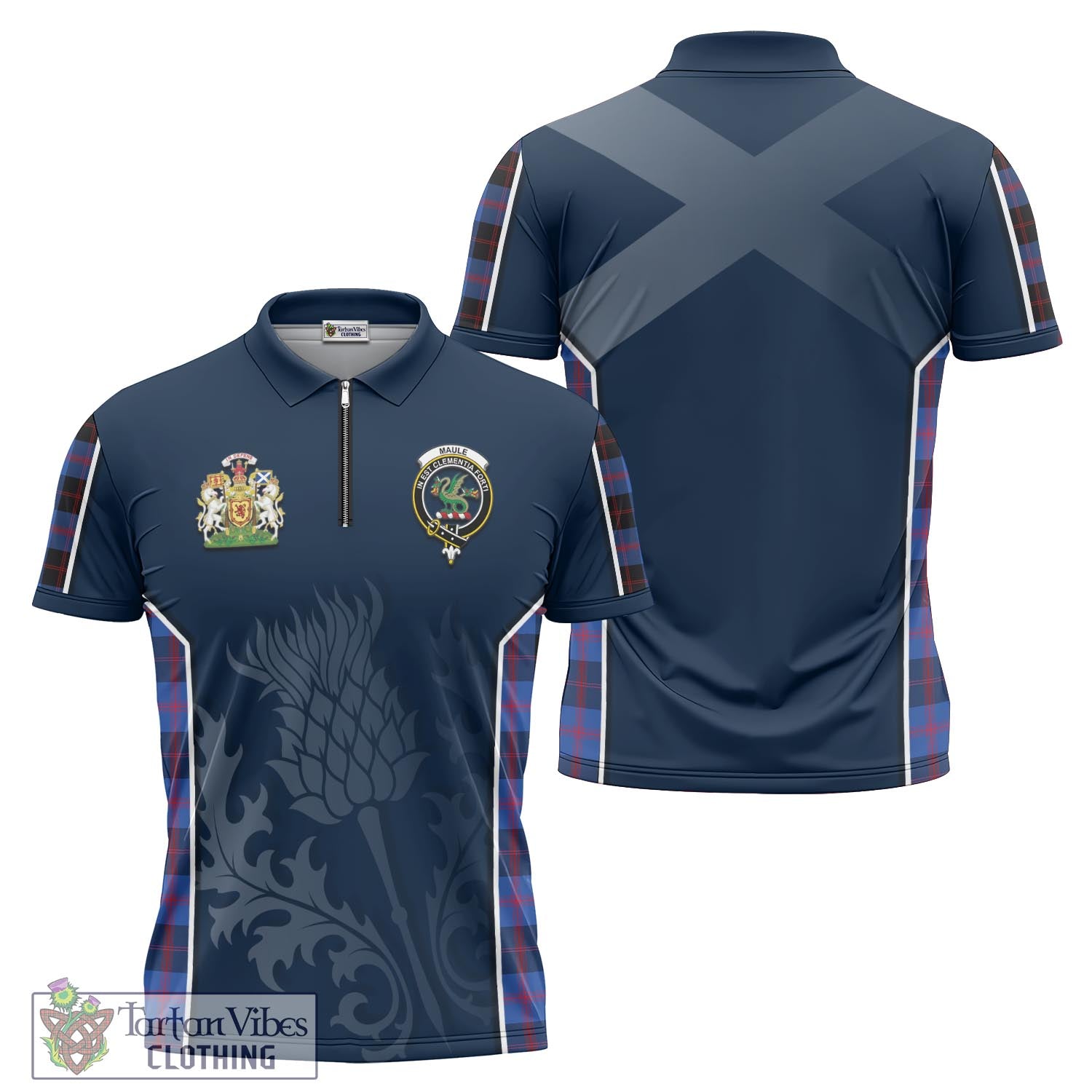 Tartan Vibes Clothing Maule Tartan Zipper Polo Shirt with Family Crest and Scottish Thistle Vibes Sport Style