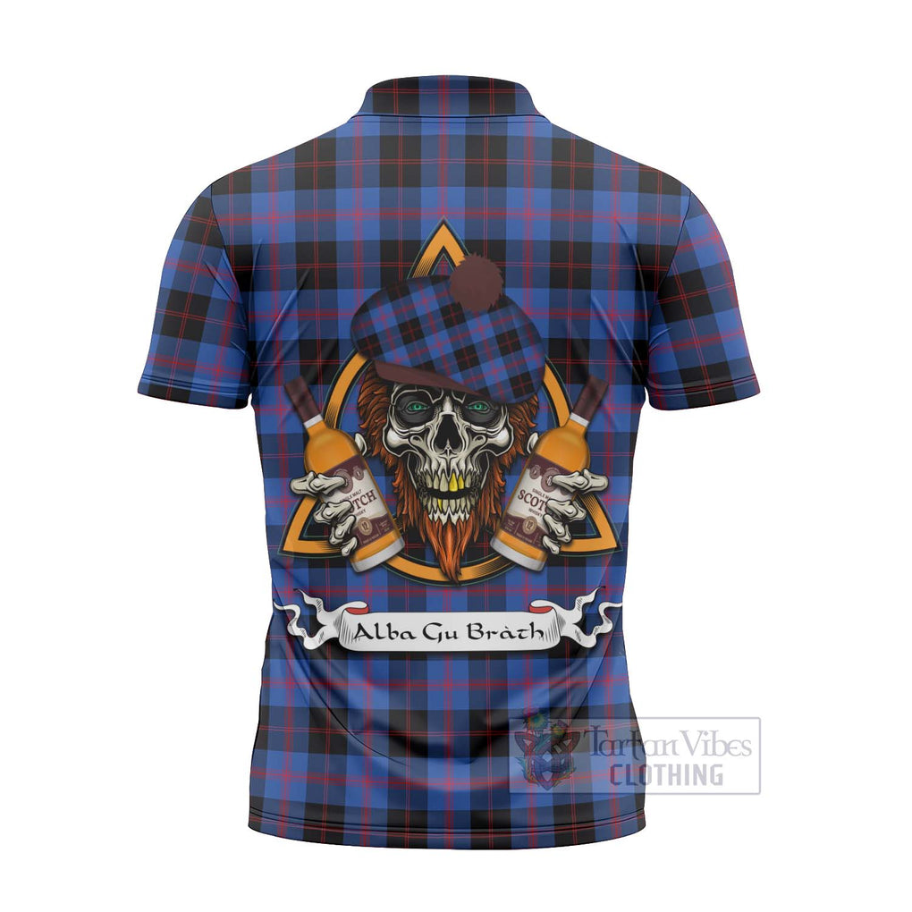 Tartan Vibes Clothing Maule Tartan Zipper Polo Shirt with Family Crest and Bearded Skull Holding Bottles of Whiskey