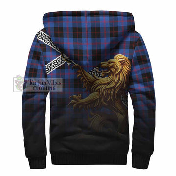 Maule Crest Tartan Sherpa Hoodie with Golden Lion Emblem Celtic Style