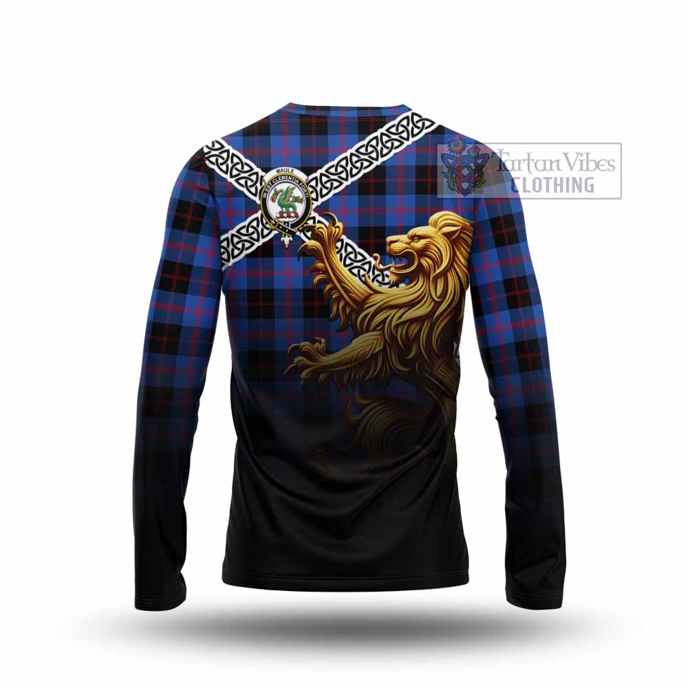 Tartan Vibes Clothing Maule Crest Tartan Long Sleeve T-Shirt with Golden Lion Emblem Celtic Style