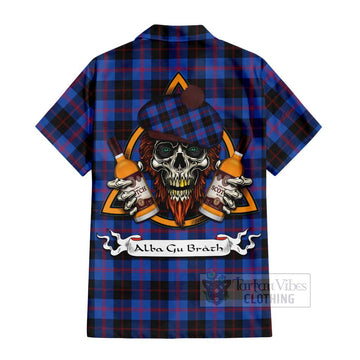 Maule Tartan Hawaiian Shirt with Family Crest and Bearded Skull Holding Bottles of Whiskey