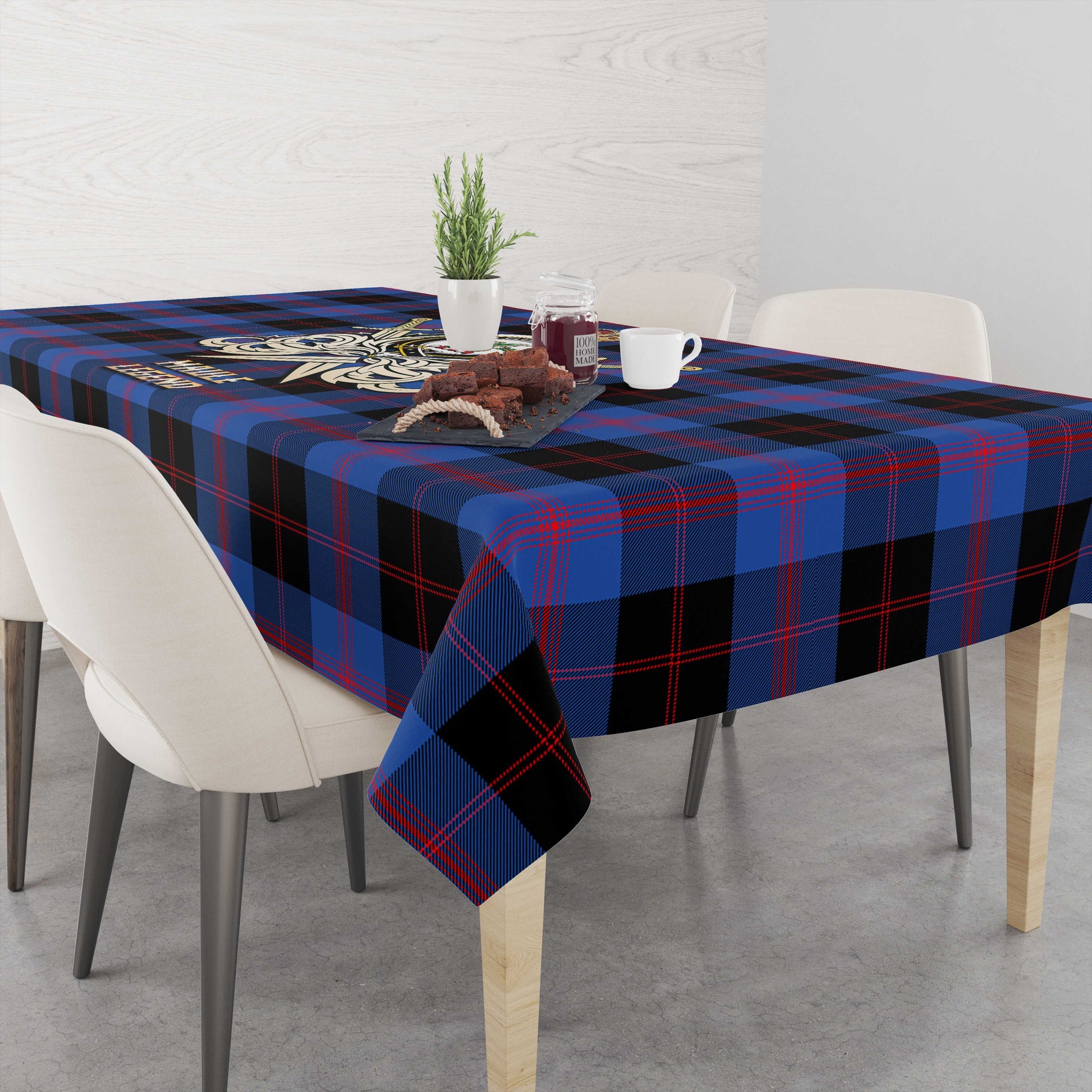 Tartan Vibes Clothing Maule Tartan Tablecloth with Clan Crest and the Golden Sword of Courageous Legacy