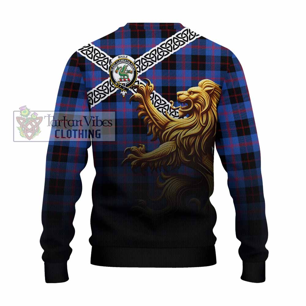 Tartan Vibes Clothing Maule Crest Tartan Knitted Sweater with Golden Lion Emblem Celtic Style