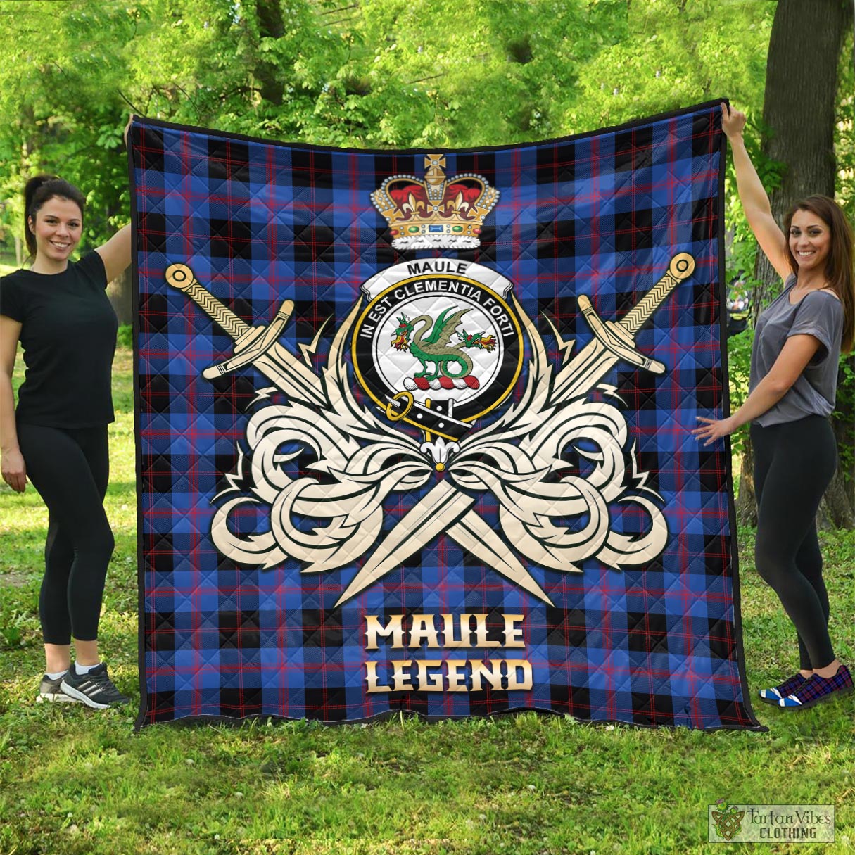 Tartan Vibes Clothing Maule Tartan Quilt with Clan Crest and the Golden Sword of Courageous Legacy