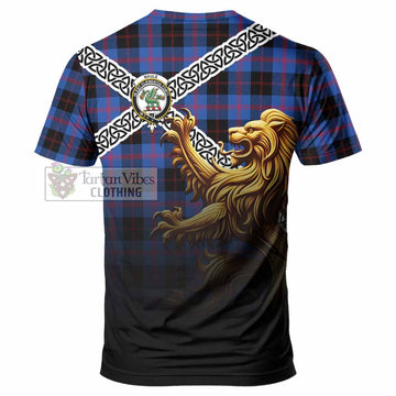 Maule Crest Tartan T-Shirt with Golden Lion Emblem Celtic Style