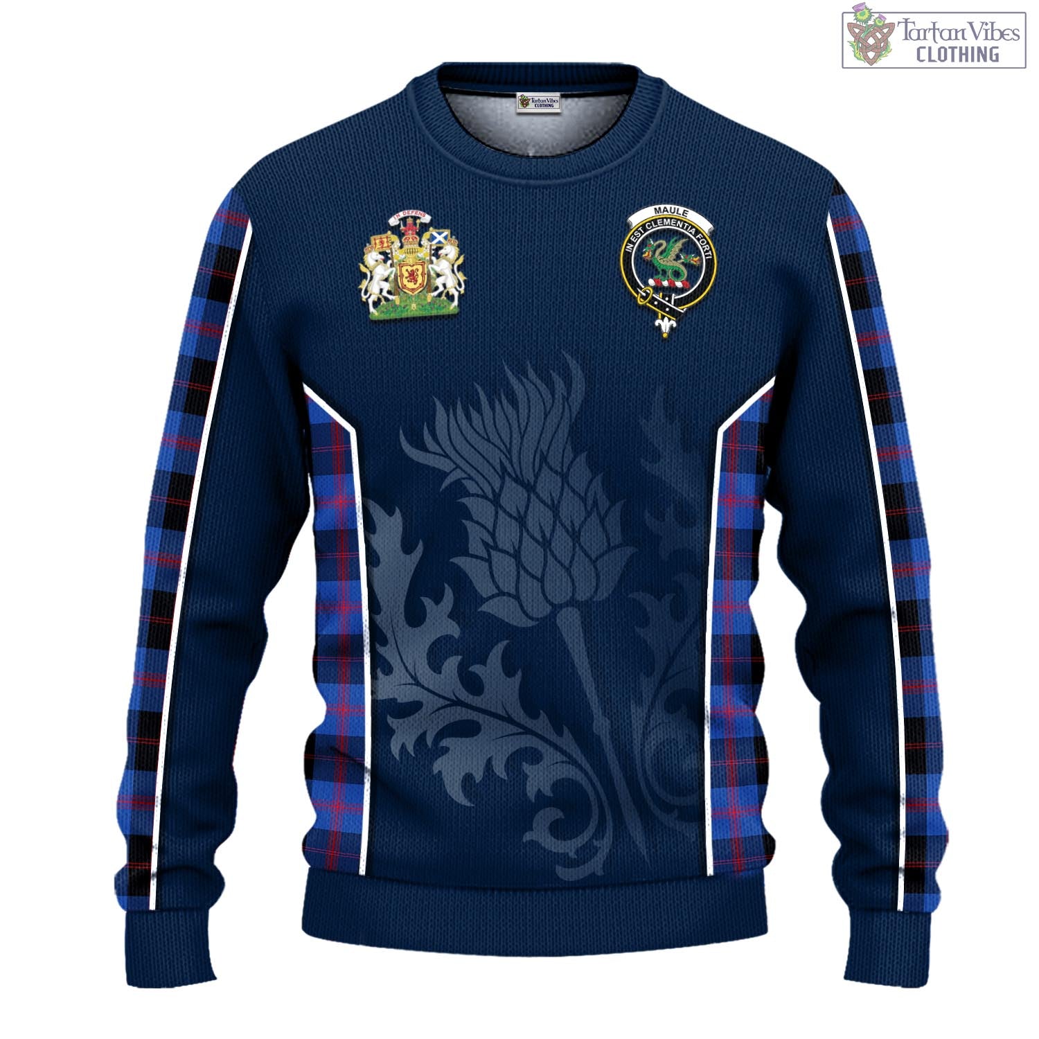 Tartan Vibes Clothing Maule Tartan Knitted Sweatshirt with Family Crest and Scottish Thistle Vibes Sport Style