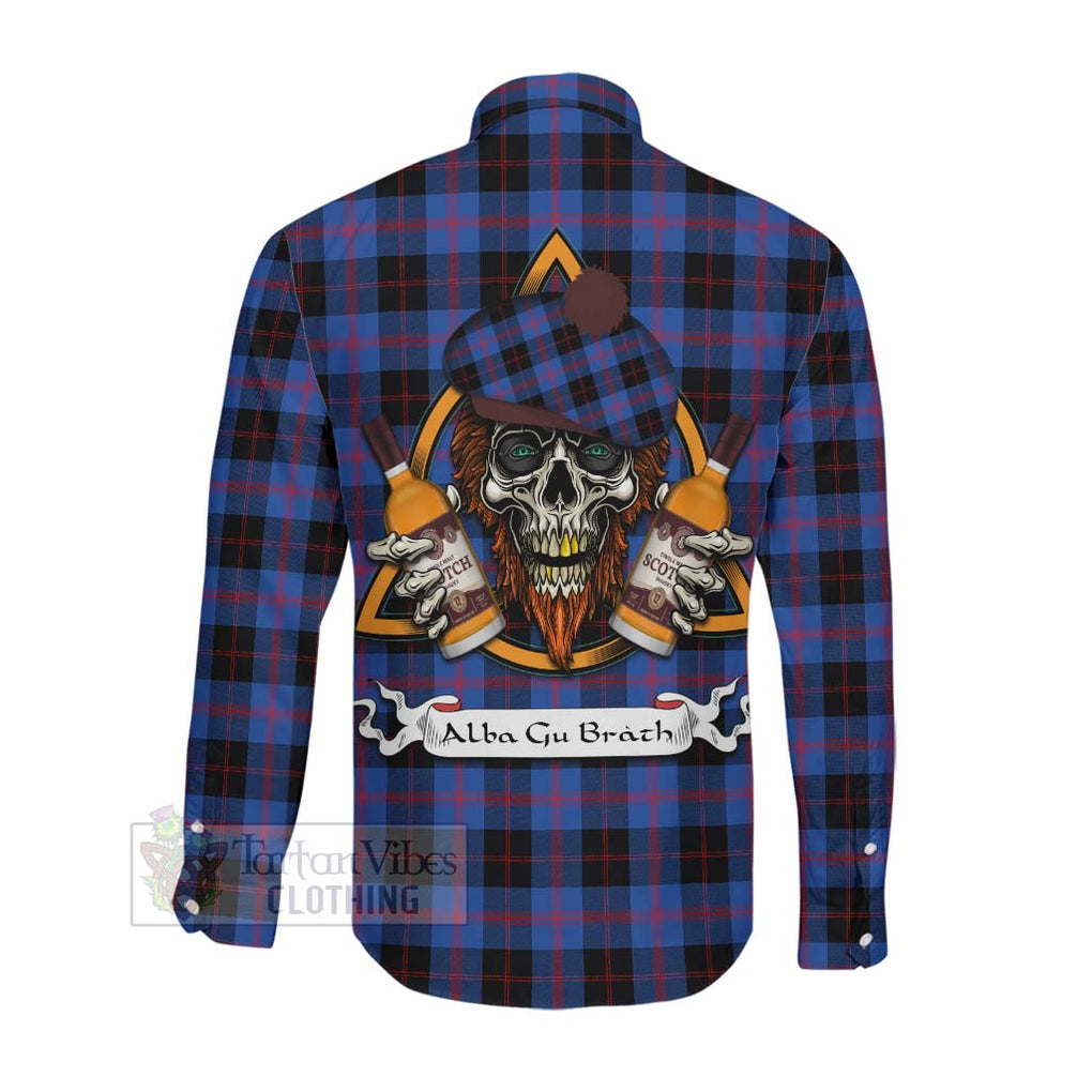 Tartan Vibes Clothing Maule Tartan Long Sleeve Button Shirt with Family Crest and Bearded Skull Holding Bottles of Whiskey