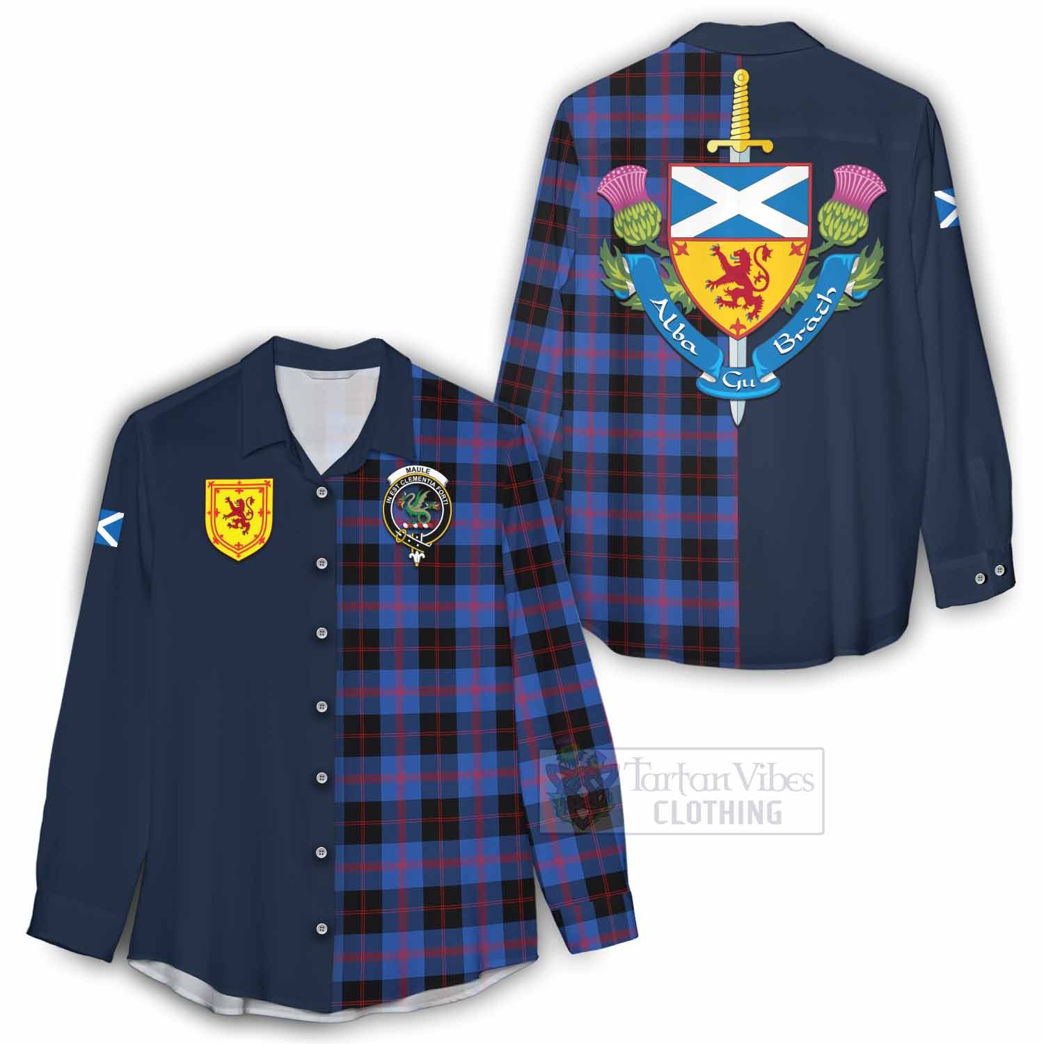 Tartan Vibes Clothing Maule Tartan Women's Casual Shirt Alba with Scottish Lion Royal Arm Half Style