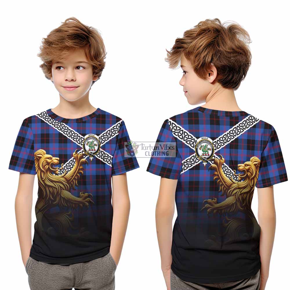 Tartan Vibes Clothing Maule Crest Tartan Kid T-Shirt with Golden Lion Emblem Celtic Style