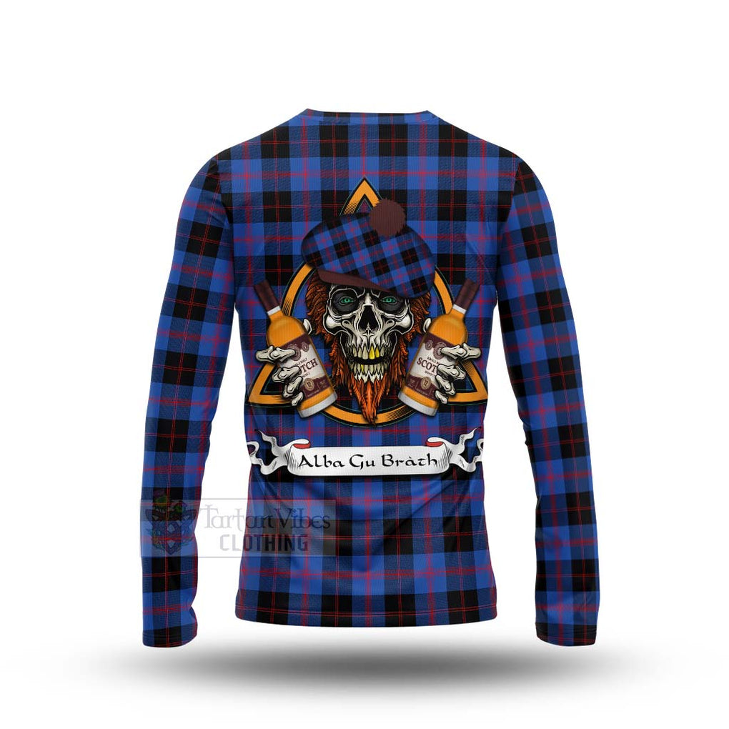 Tartan Vibes Clothing Maule Tartan Long Sleeve T-Shirt with Family Crest and Bearded Skull Holding Bottles of Whiskey