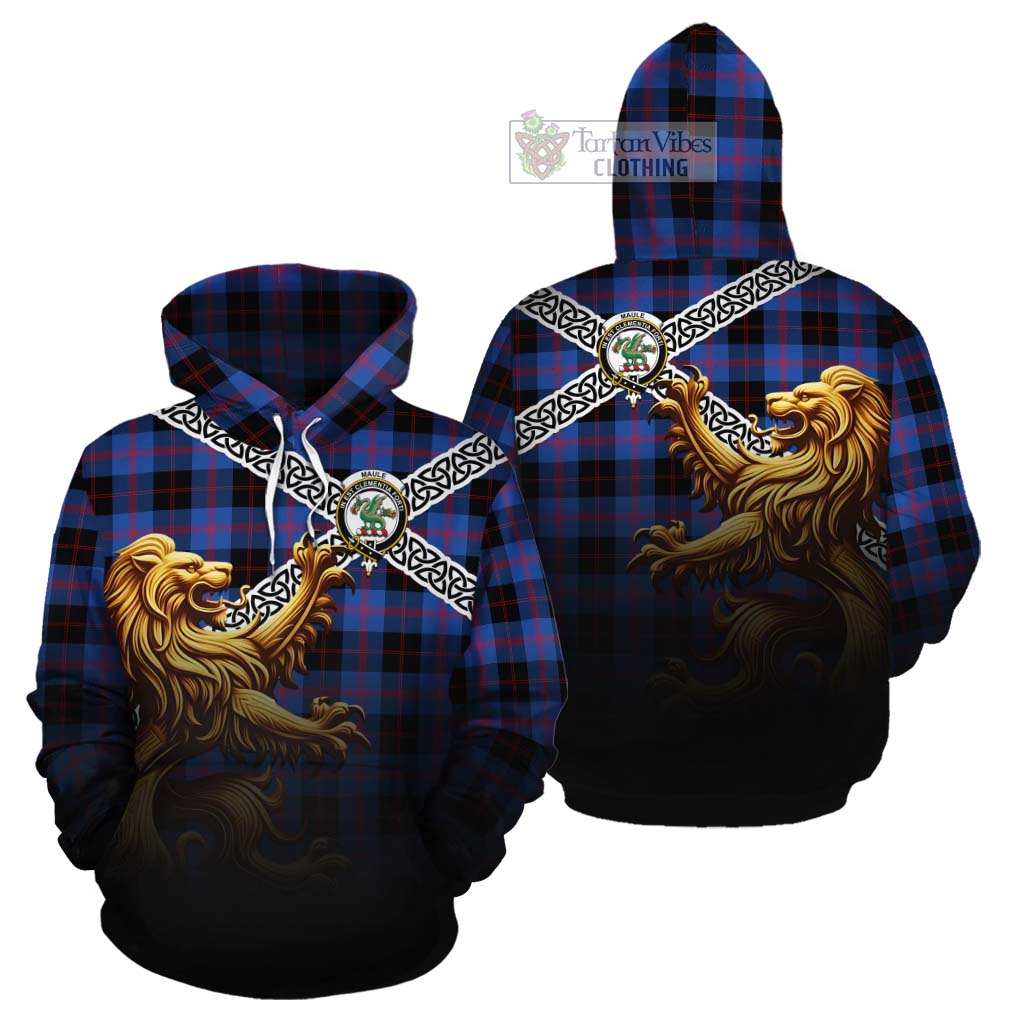 Tartan Vibes Clothing Maule Crest Tartan Cotton Hoodie with Golden Lion Emblem Celtic Style