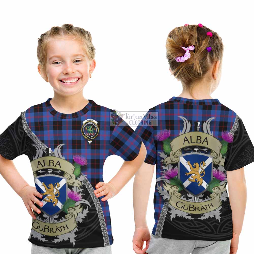 Tartan Vibes Clothing Maule Tartan Family Crest Kid T-Shirt Lion Rampant Royal Thistle Shield Celtic Inspired