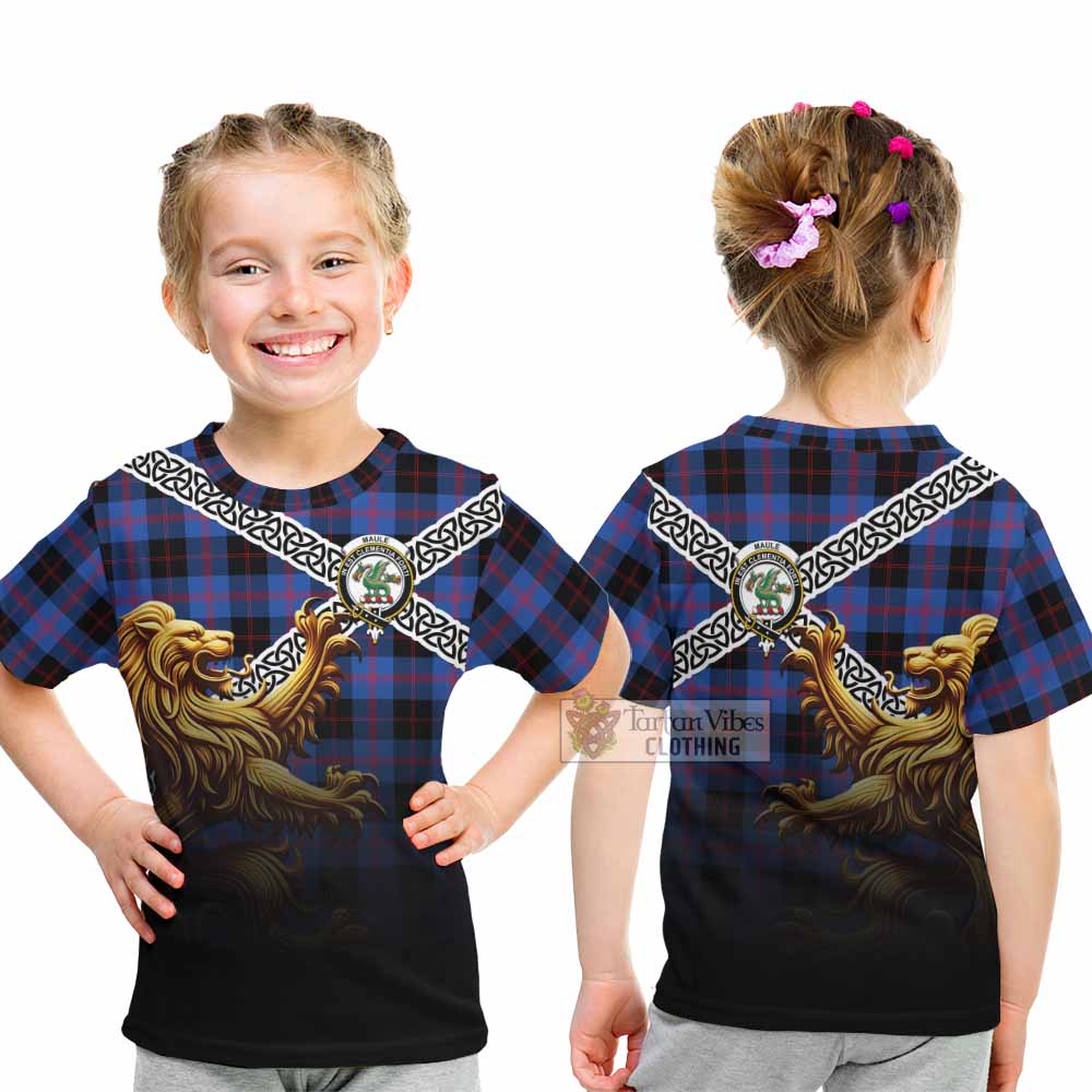 Tartan Vibes Clothing Maule Crest Tartan Kid T-Shirt with Golden Lion Emblem Celtic Style