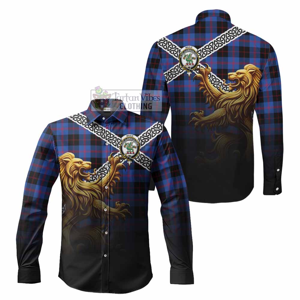 Tartan Vibes Clothing Maule Crest Tartan Long Sleeve Button Shirt with Golden Lion Emblem Celtic Style