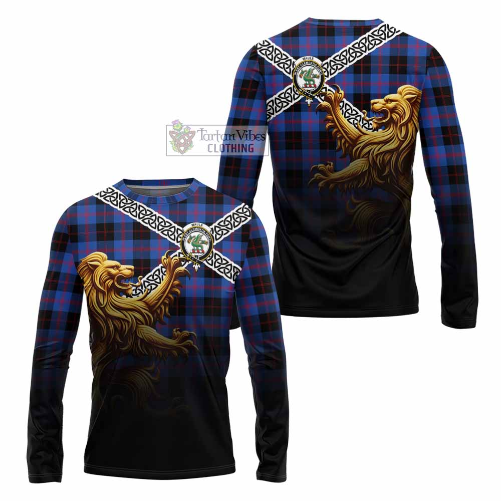 Tartan Vibes Clothing Maule Crest Tartan Long Sleeve T-Shirt with Golden Lion Emblem Celtic Style