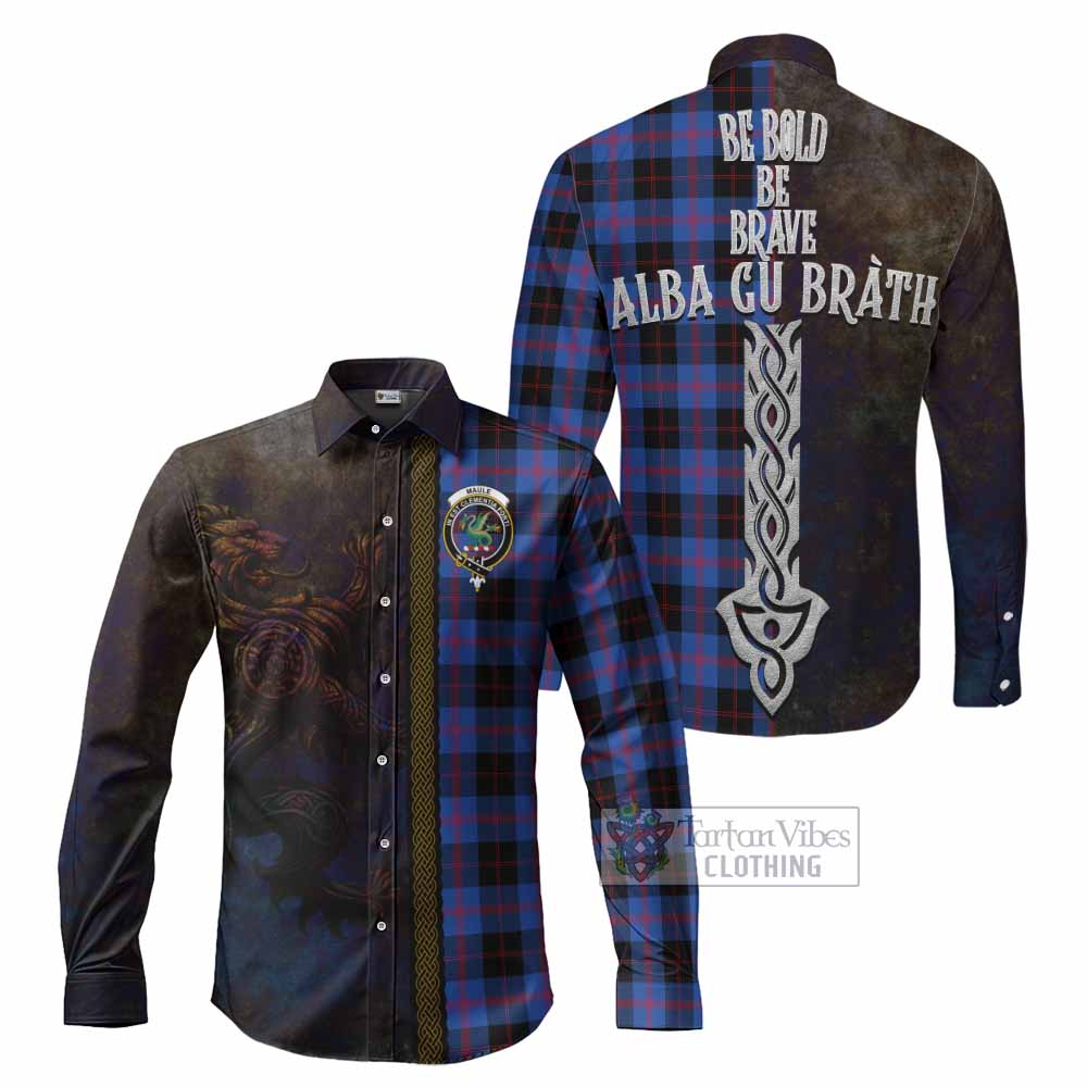 Tartan Vibes Clothing Maule Tartan Family Crest Long Sleeve Button Shirt Alba Gu Brath Be Brave Lion Ancient Style