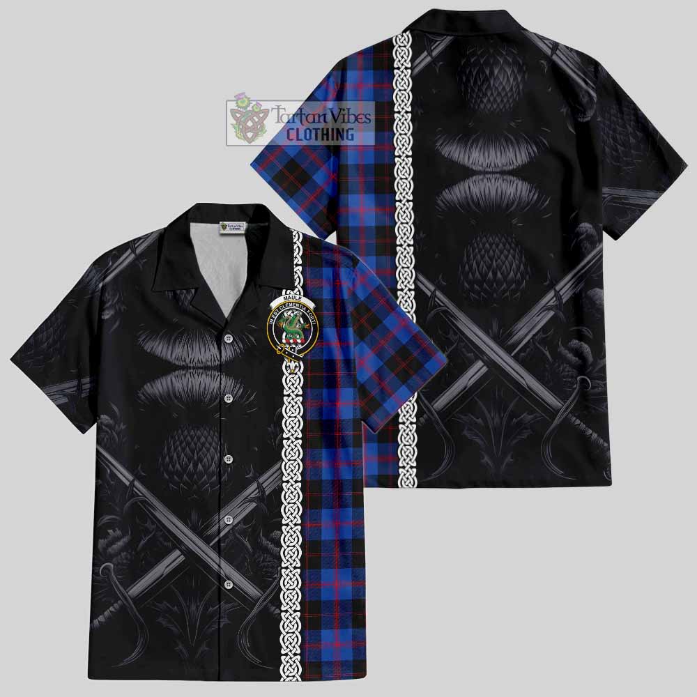 Tartan Vibes Clothing Maule Tartan Short Sleeve Button Shirt with Family Crest Cross Sword Thistle Celtic Vibes