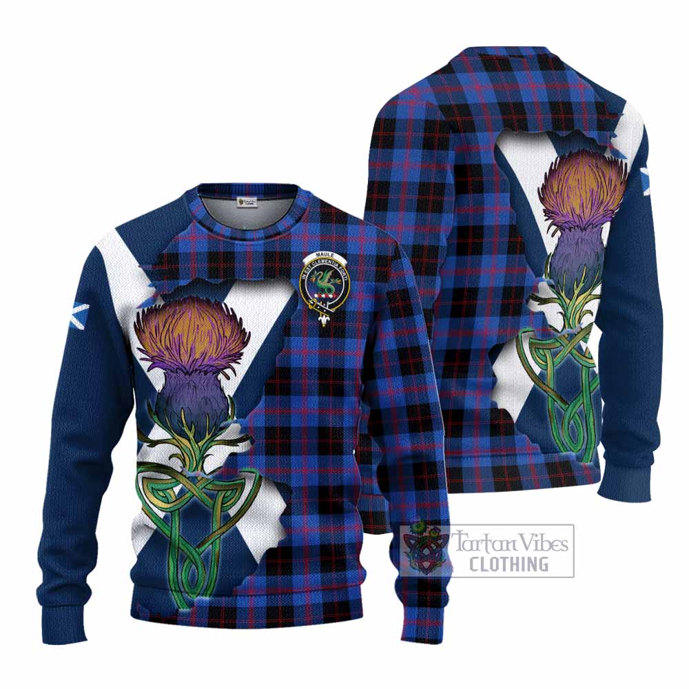 Tartan Vibes Clothing Maule Tartan Family Crest Knitted Sweater Scottish Thistle Celtic Inspired