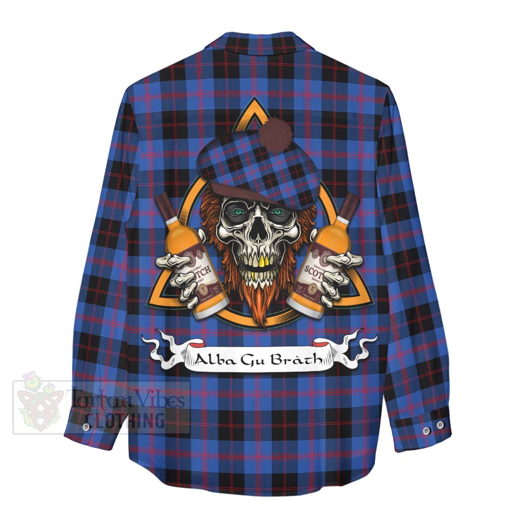 Tartan Vibes Clothing Maule Tartan Women's Casual Shirt with Family Crest and Bearded Skull Holding Bottles of Whiskey