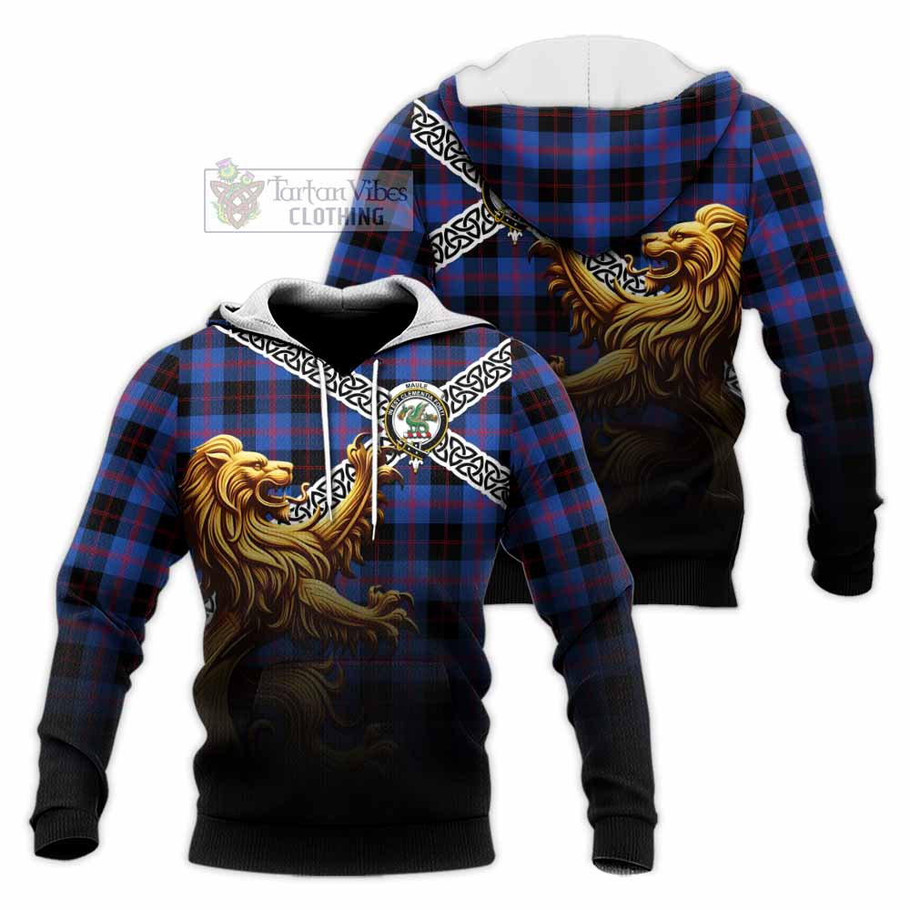 Tartan Vibes Clothing Maule Crest Tartan Knitted Hoodie with Golden Lion Emblem Celtic Style