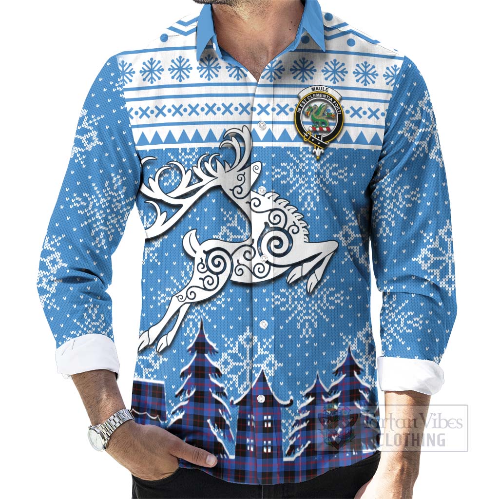Tartan Vibes Clothing Maule Clan Christmas Long Sleeve Button Shirt Celtic Reindeer Style