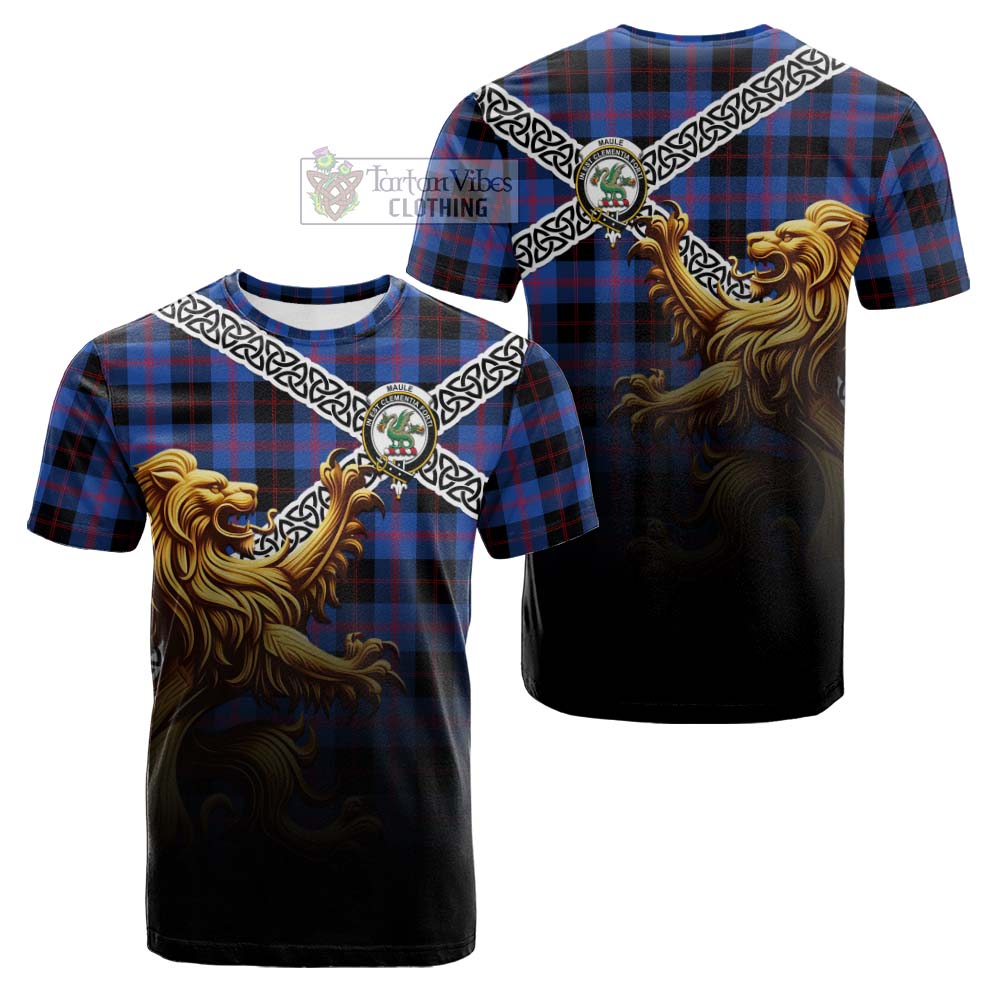 Tartan Vibes Clothing Maule Crest Tartan Cotton T-shirt with Golden Lion Emblem Celtic Style