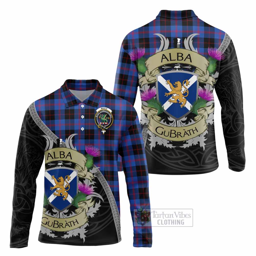 Tartan Vibes Clothing Maule Tartan Family Crest Long Sleeve Polo Shirt Lion Rampant Royal Thistle Shield Celtic Inspired
